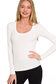 White Ribbed Fitted Scoop Neck Long Sleeve Top