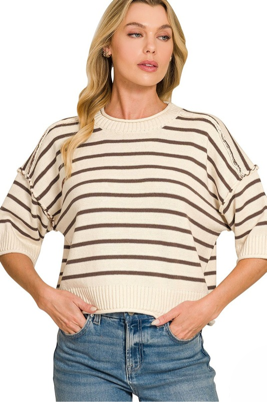zenana oatmeal and brown striped knit short sleeve top
