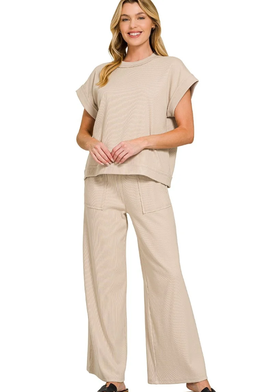 beige elastic waist pocket lounge set pants