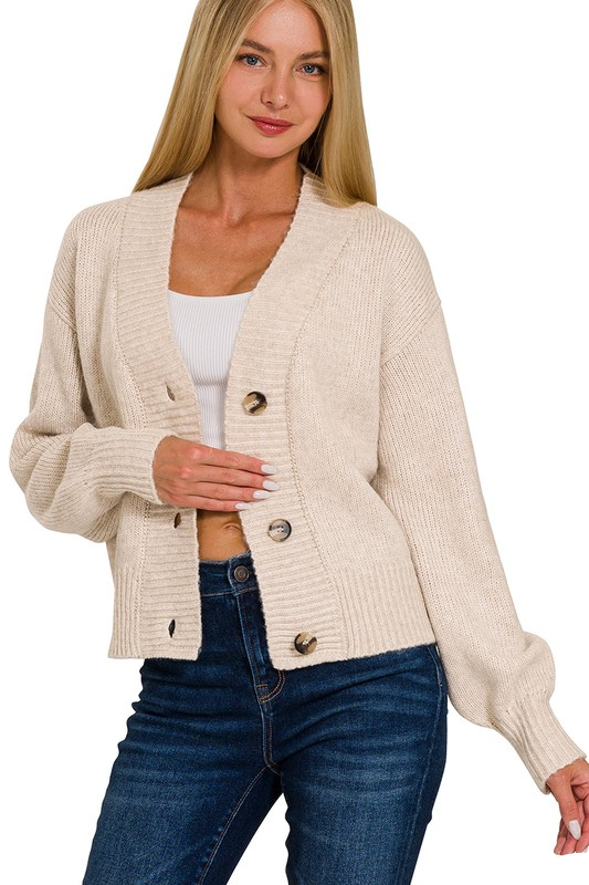 zenana beige short button cardigan