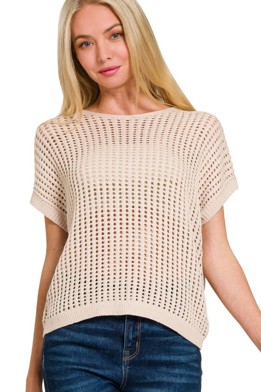 zenana beige crochet short sleeve top