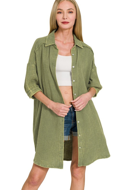 zenana olive gauze quarter length sleeve button shirt