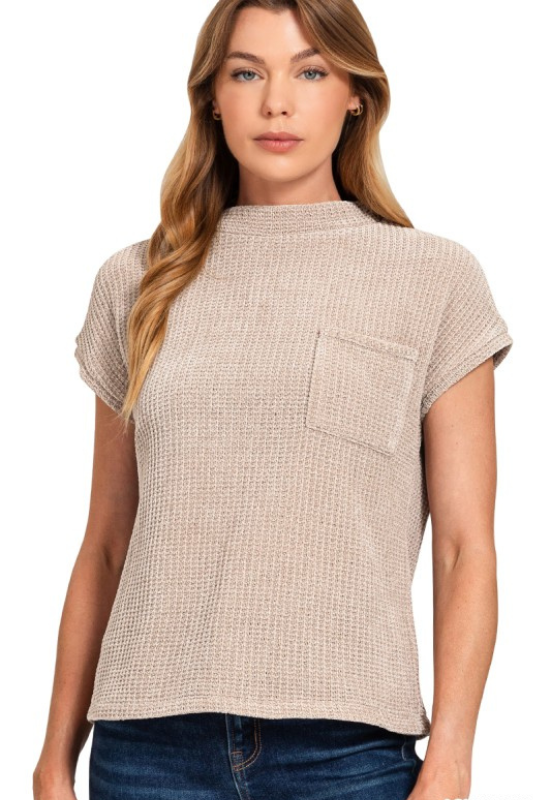 mocha chenille short sleeve pocket top
