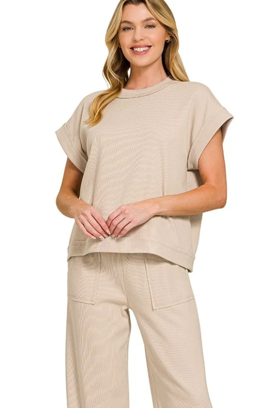 zenana beige short sleeve pants set top