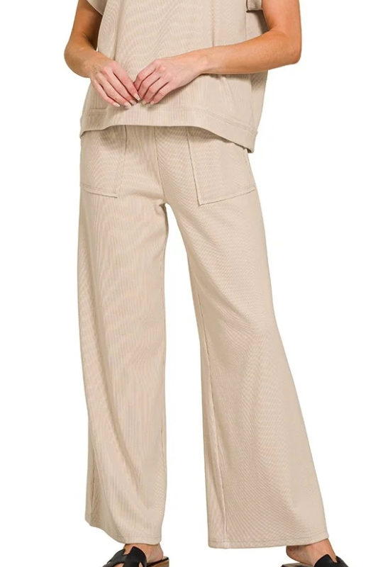 zenana beige ribbed elastic waist pocket pants