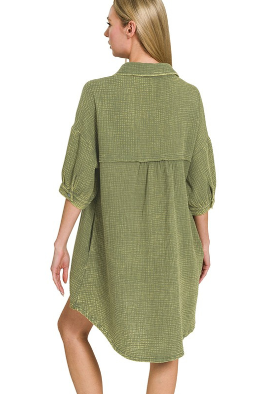 zenana olive green gauze short sleeve button shirt dress