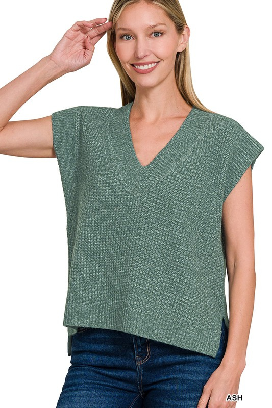 zenana jade green knit v neck sleeveless sweater