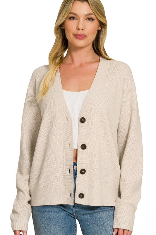 zenana beige knit button down cardigan