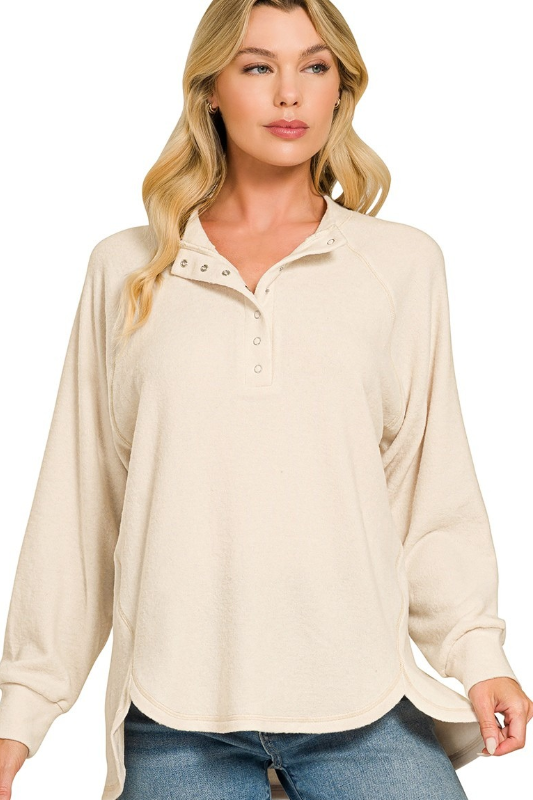 zenana beige long sleeve soft henley top
