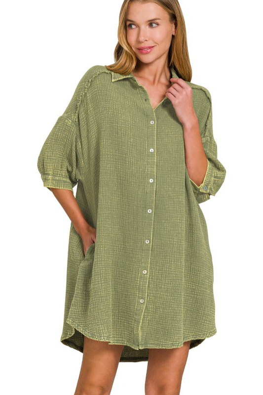 zenana green button down quarter length sleeve dress