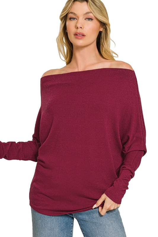 zenana burgundy long dolman sleeve top