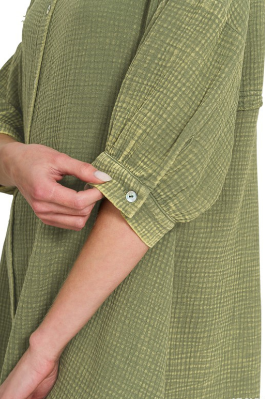 zenana green gauze button oversized shirt