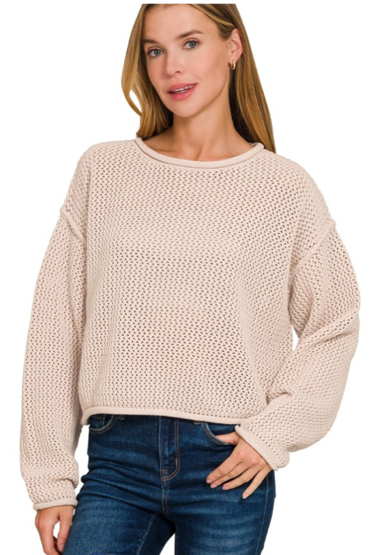 zenana beige long sleeve knit top