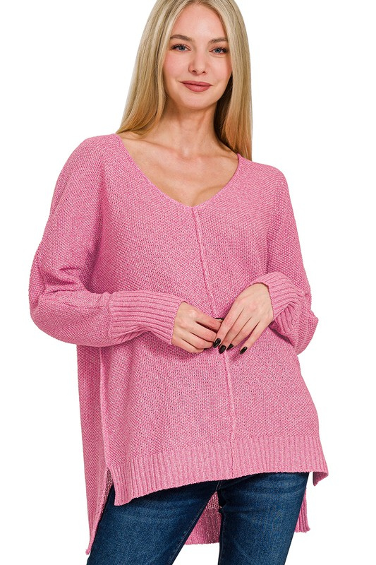 zenana pink knit long sleeve hi low sweater