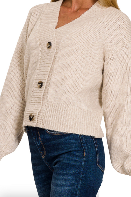 zenana beige v neck button sweater