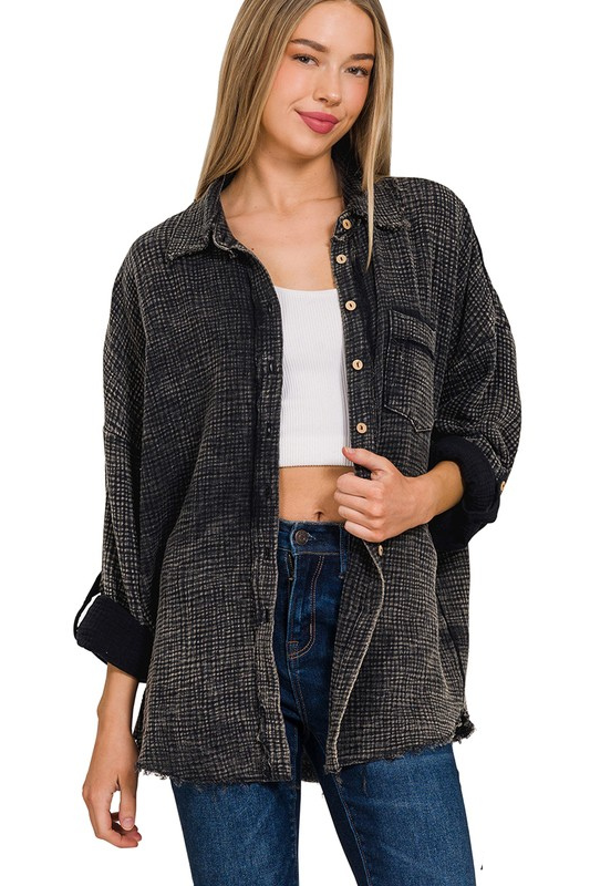 black mineral wash gauze button down shirt