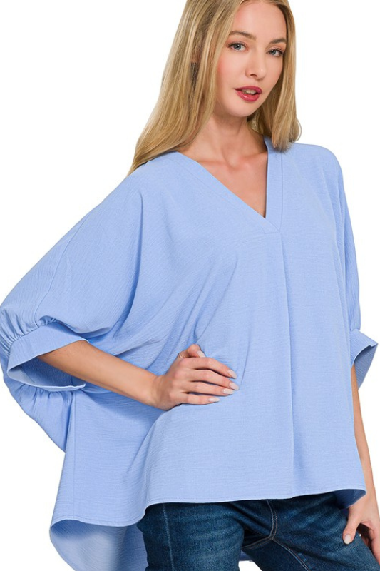 zenana blue quarter length sleeve flowy top
