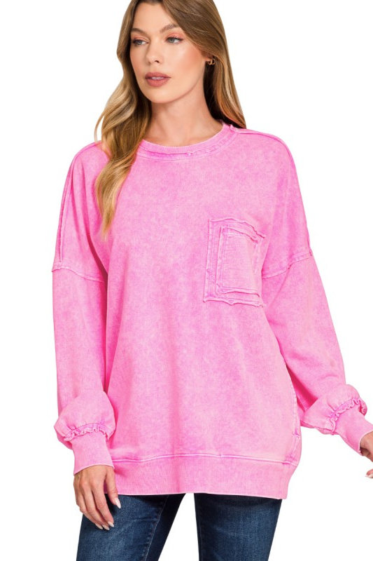 zenana pink long sleeve pocket pullover top