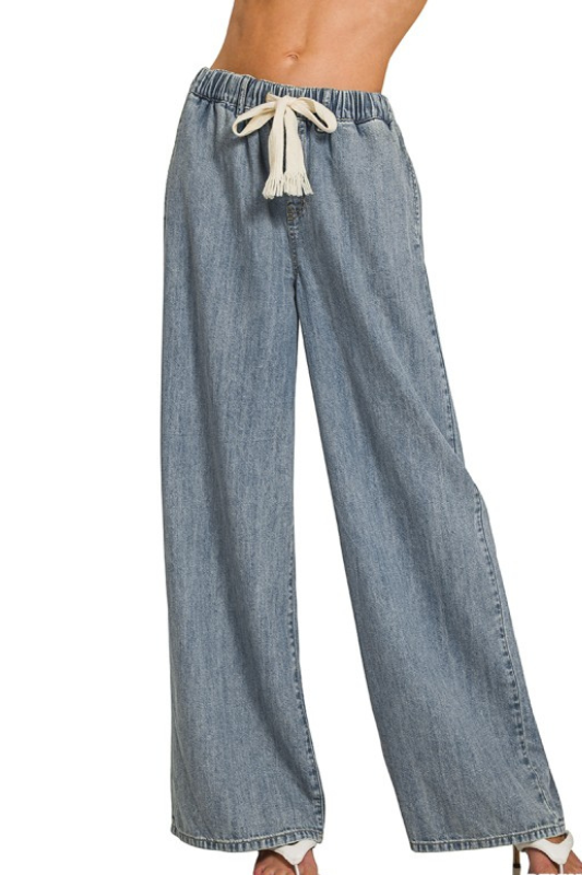 zenana blue chambray wide leg elastic waist pants