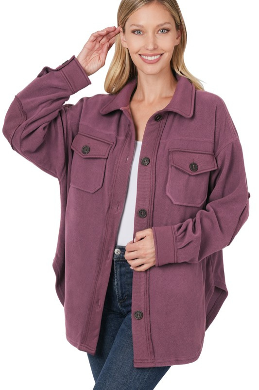 zenana plum fleece button down shacket