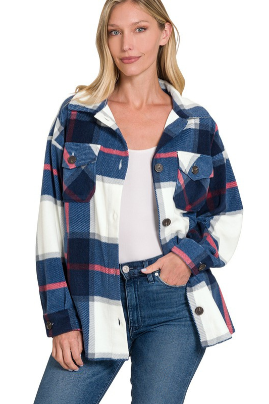 zenana blue plaid button collar shacket
