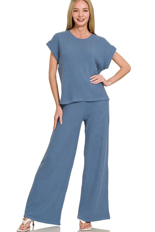 zenana blue knit flowy pants