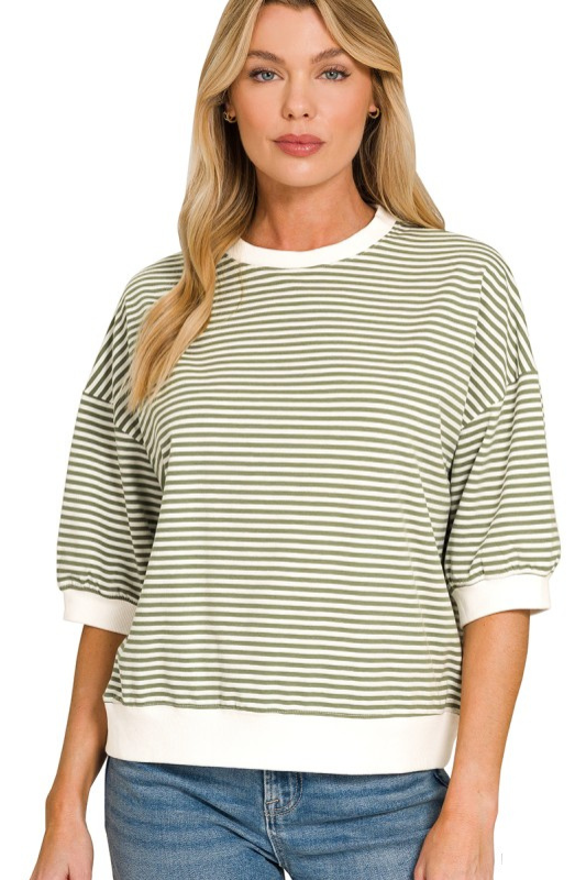 zenana light green striped short sleeve contrast top