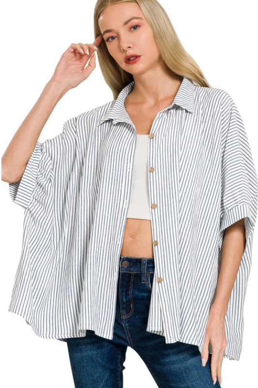 zenana blue striped short sleeve shirt