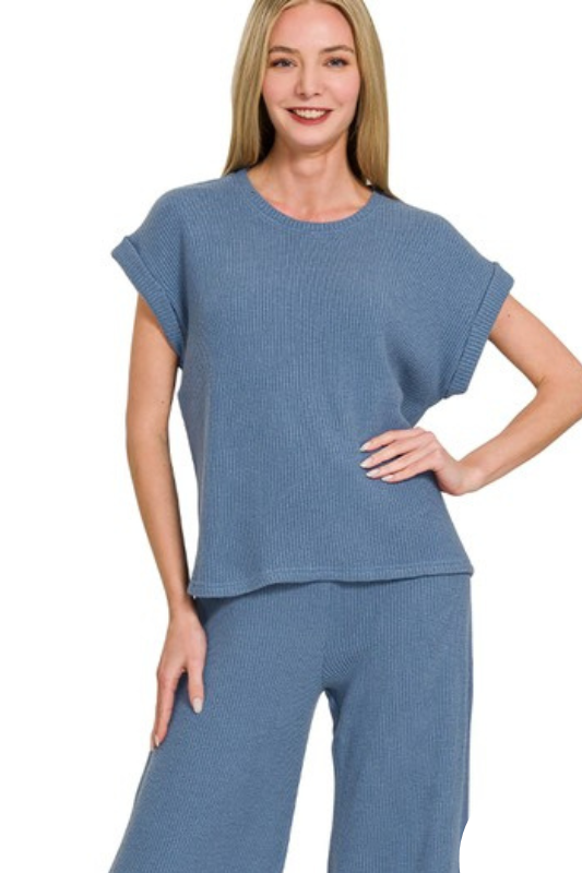 zenana blue short sleeve knit top set