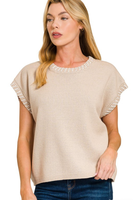 beige stitch short sleeve top