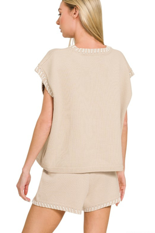 beige knit boxy short sleeve top