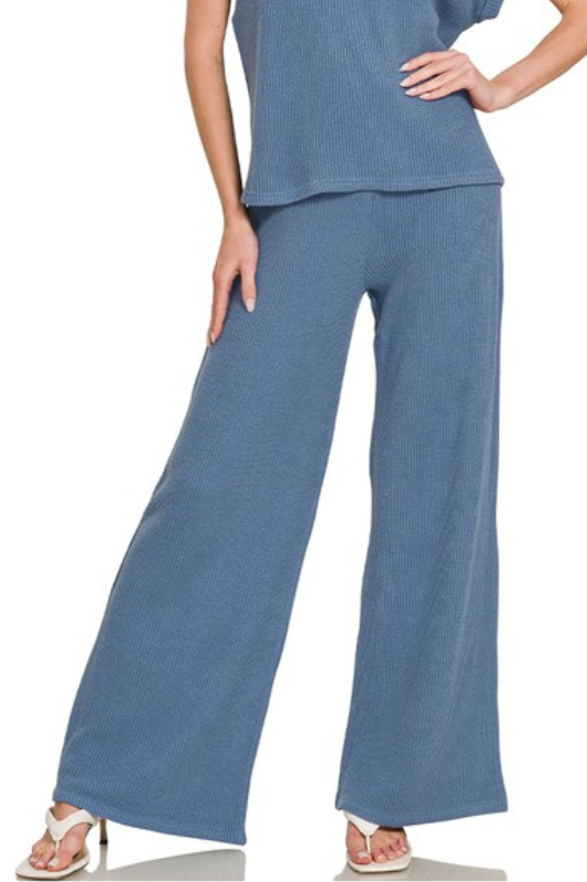 zenana blue elastic flowy pants set