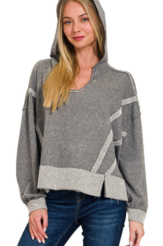 zenana grey long sleeve contrast hooded top