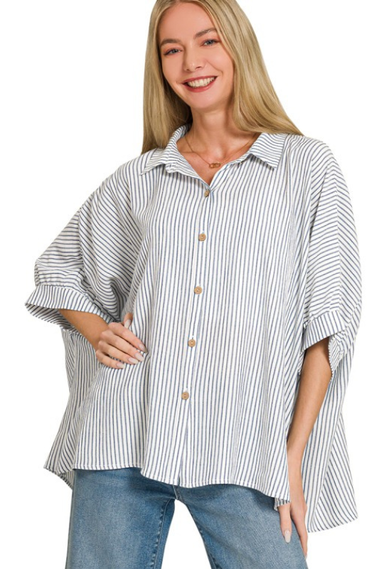 blue pinstriped button down top