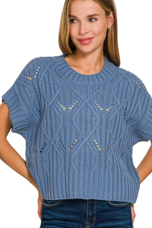 zenana dusty blue short sleeve soft knit boxy top