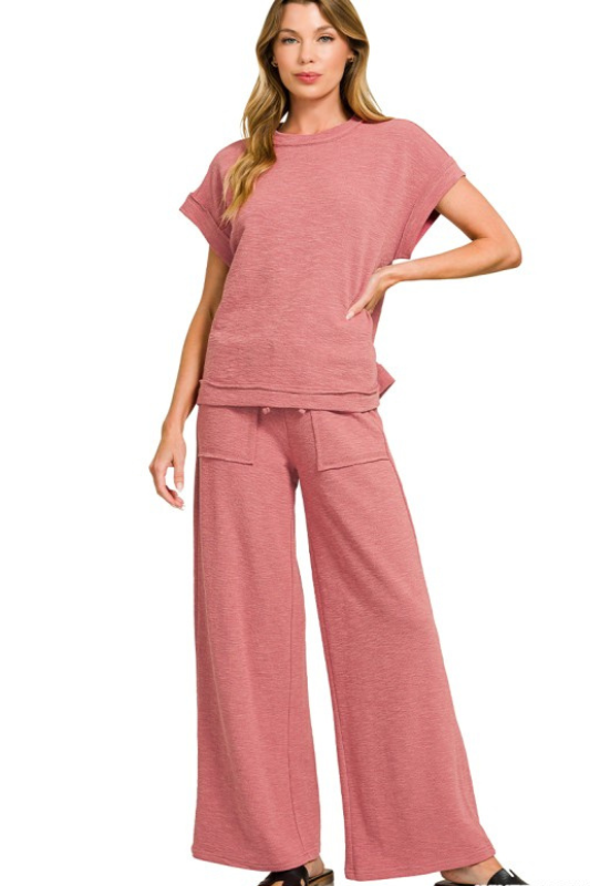 rose short sleeve two piece wide leg pants set