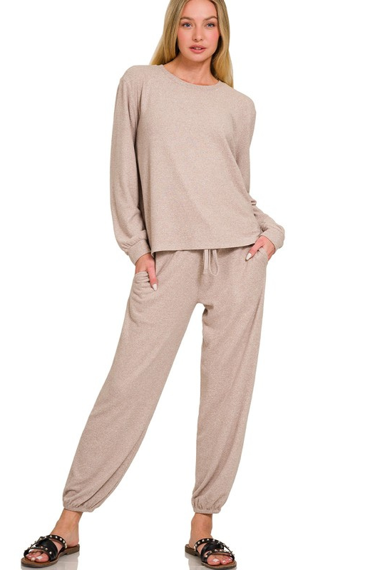 zenana mocha long sleeve brushed knit set