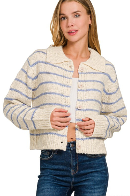 zenana taupe and blue striped collar knit button sweater