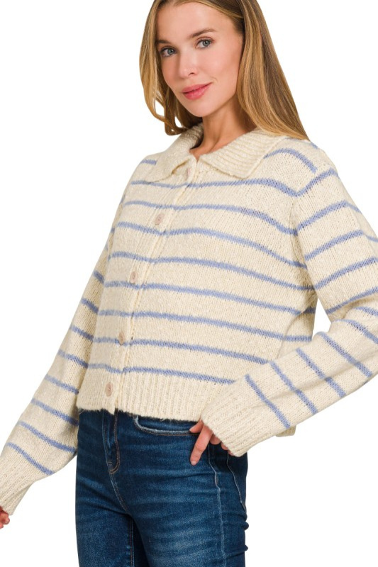 zenana long sleeve striped knit button sweater
