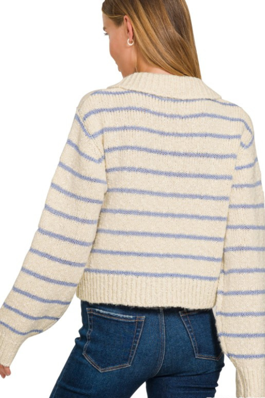 zenana blue and cream striped long sleeve sweater