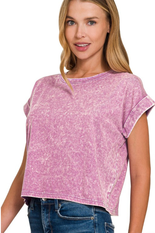 zenana violet mineral wash short sleeve cropped tee