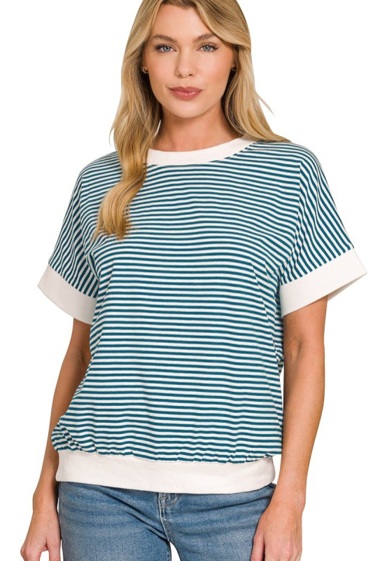 zenana teal striped short sleeve top