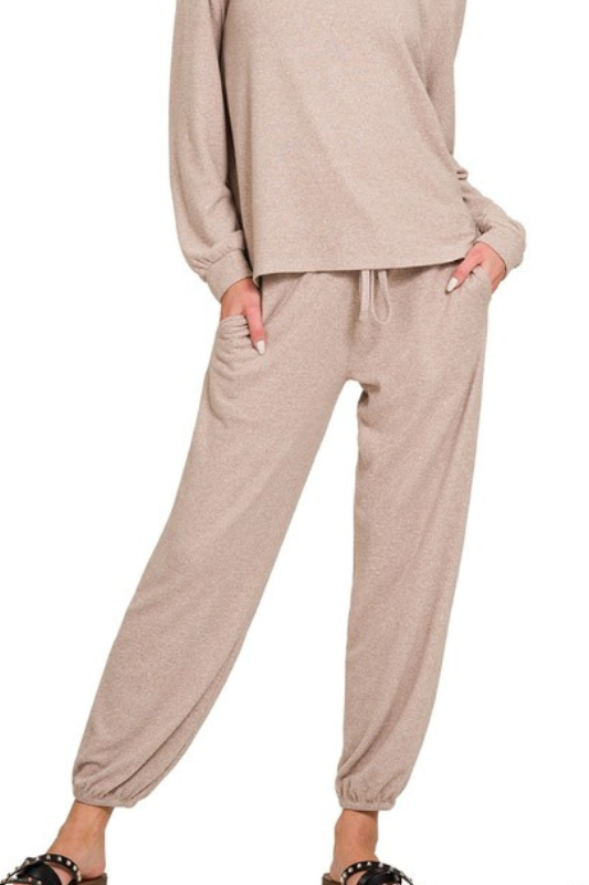 zenana mocha elastic waist jogger pants