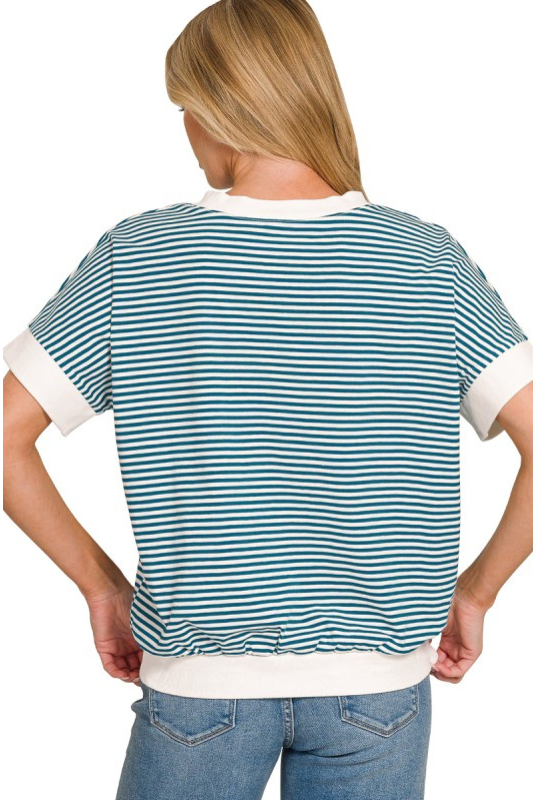teal striped short contrast sleeve top