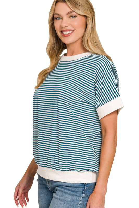 teal striped short sleeve top