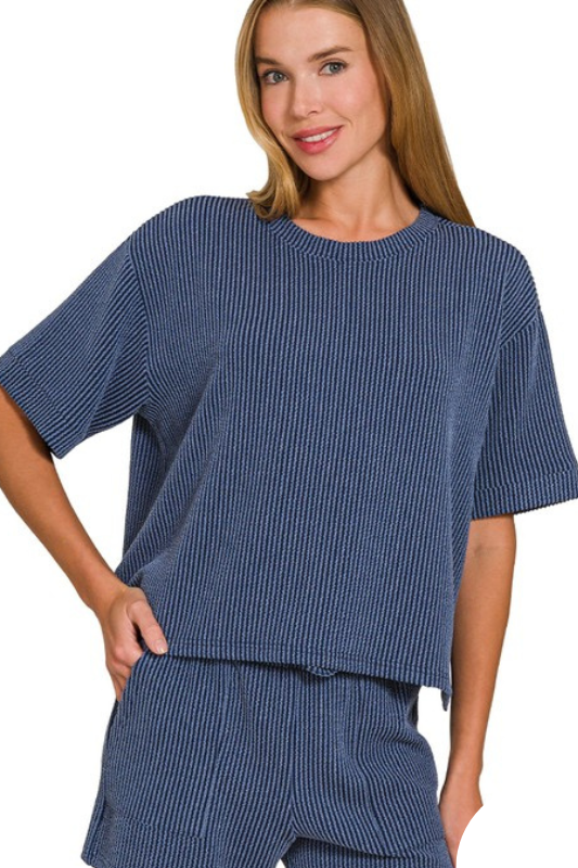 zenana navy blue short sleeve set