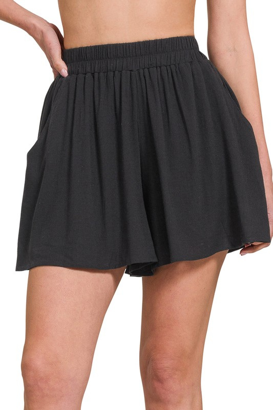 zenana black elastic waist pocket flowy shorts