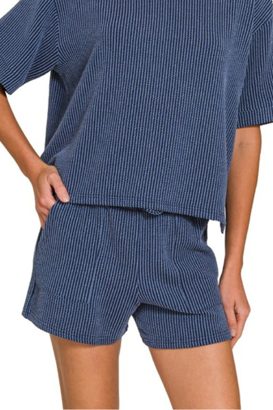 zenana navy blue ribbed short set