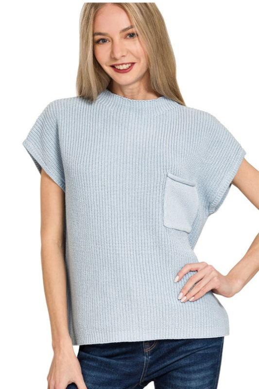 zenana light blue knit pocket short sleeve top