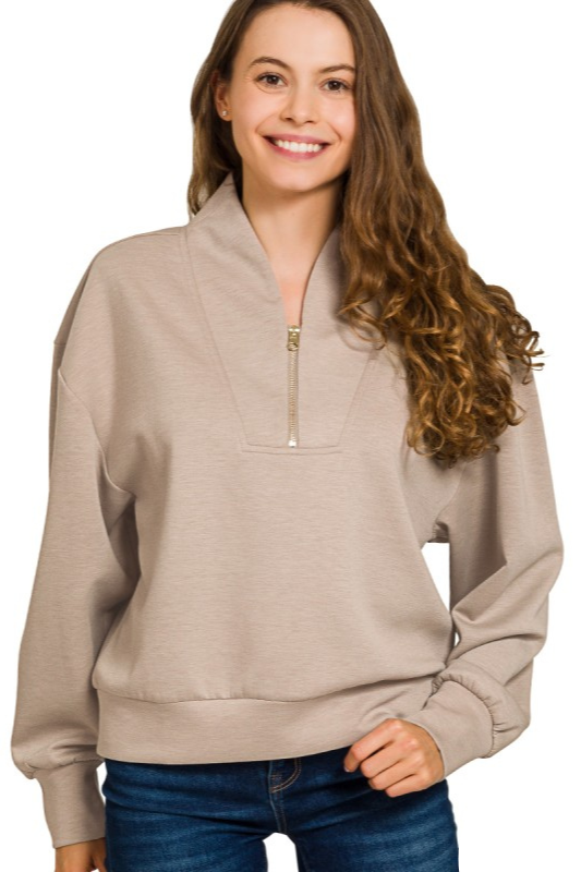 zenana mocha long sleeve quarter zip pullover
